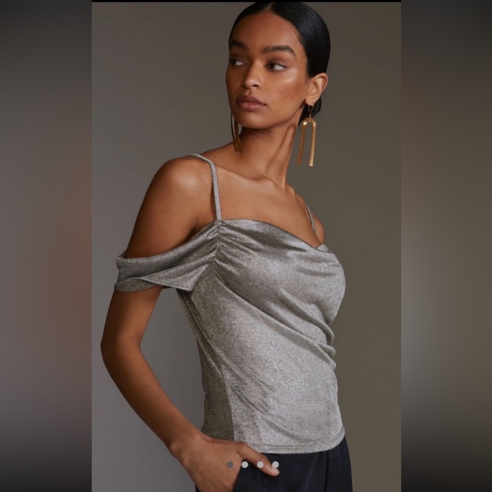 Anthropologie Lurex Cowl-Neck Off-The-Shoulder Blouse- Silver/Metallic, M, EUC!